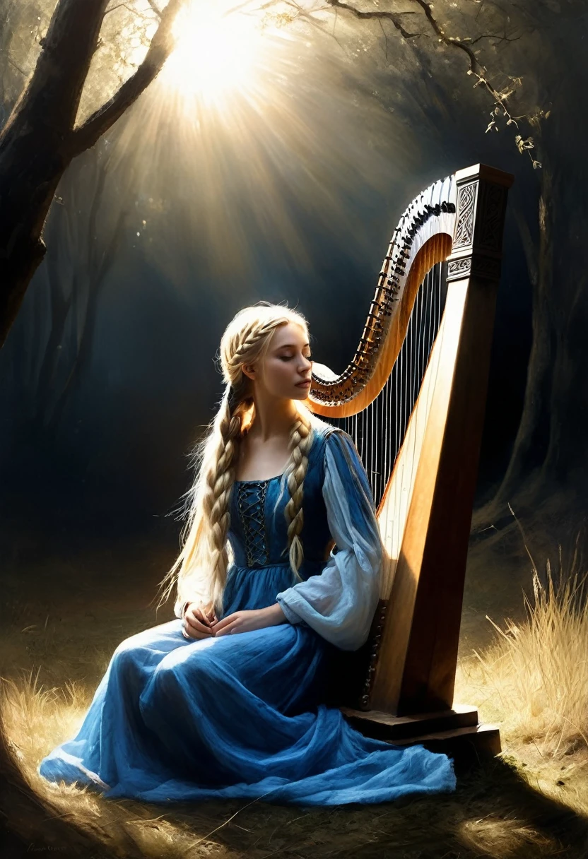 painting of a blonde girl with long hair braided into a long braid, sitting on the grass, playing a large harp, dark gloomy black dry forest around, warm sun rays falling on the girl's face, very white skin, simple thin blue dress, dark atmosphere, cinematic scene, volumetric lights, ultra realistic, in the style of nicola samori