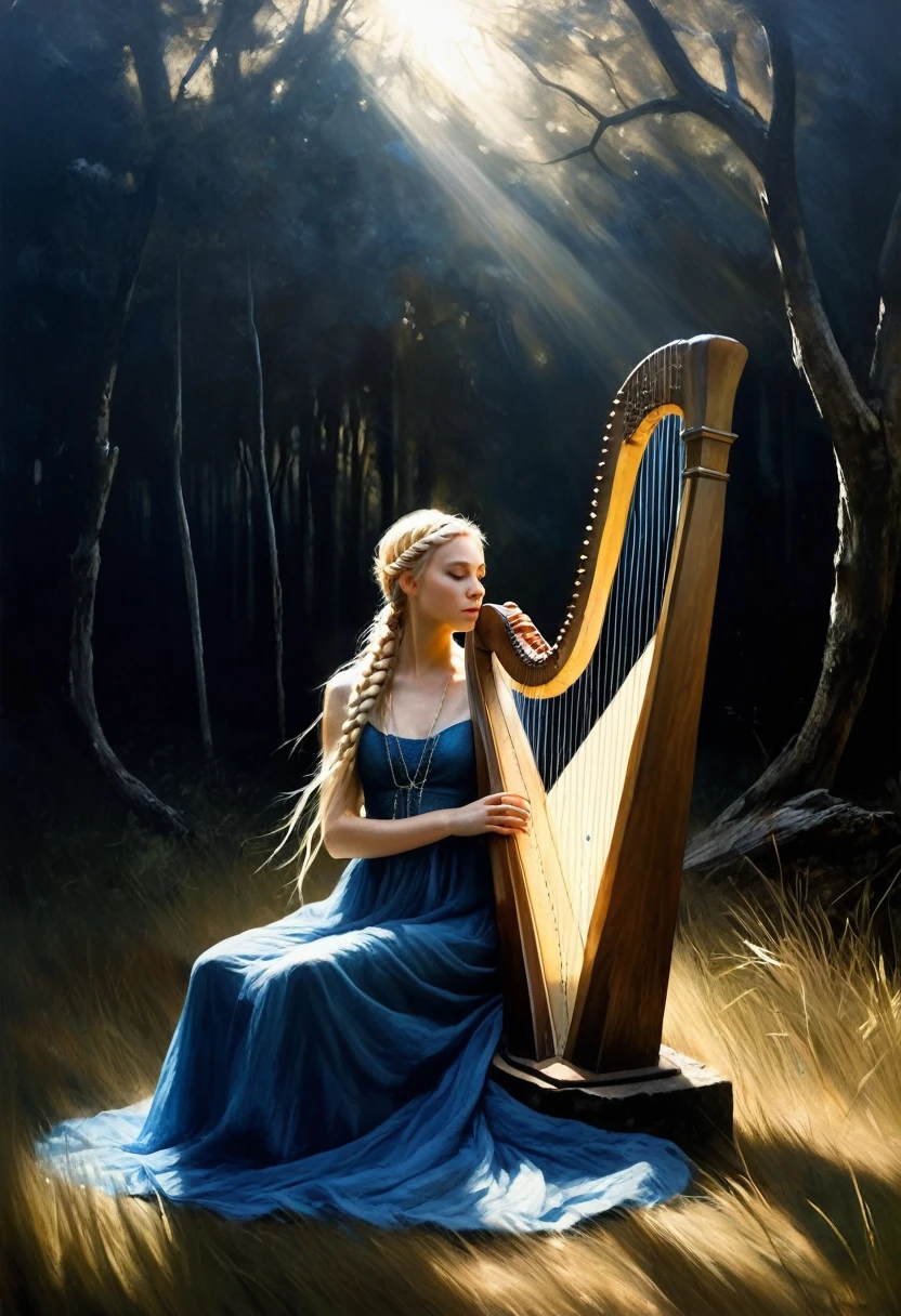 painting of a blonde girl with long hair braided into a long braid, sitting on the grass, playing a large harp, dark gloomy black dry forest around, warm sun rays falling on the girl's face, very white skin, simple thin blue dress, dark atmosphere, cinematic scene, volumetric lights, ultra realistic, in the style of nicola samori