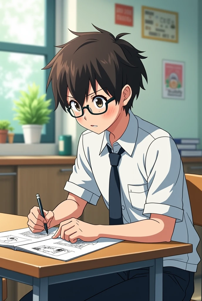 Generate a,2d anime high skool
Hair: Short, dark brown hair, slightly messy and falling over his forehead.Eyes: Wears glasses, giving him a studious, nerdy look.Facial expression: Often has a flustered or nervous expression.Build: Slender and average, with no particularly athletic features.Clothing: Typically wears a school uniform: a white shirt, dark trousers, and a tie. Doing sketching and mangas on table