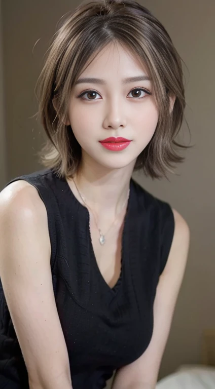 blush a little and smile, (Top quality masterpiece:1.2) Delicate illustrations, Very detailed, /Beautiful Japanese Women、1 person,Very cute and slim、Great style 、((8k images、super high quality))、Very delicate face, Big Breasts、Skin and Hair、beautifule forehead、Red lipstick、(((((short hair、blonde、Lure))))),Very cute Japanese cut face、Eyes and nose are clearly visible、Kind eyes,((((Black sleeveless fashion))))