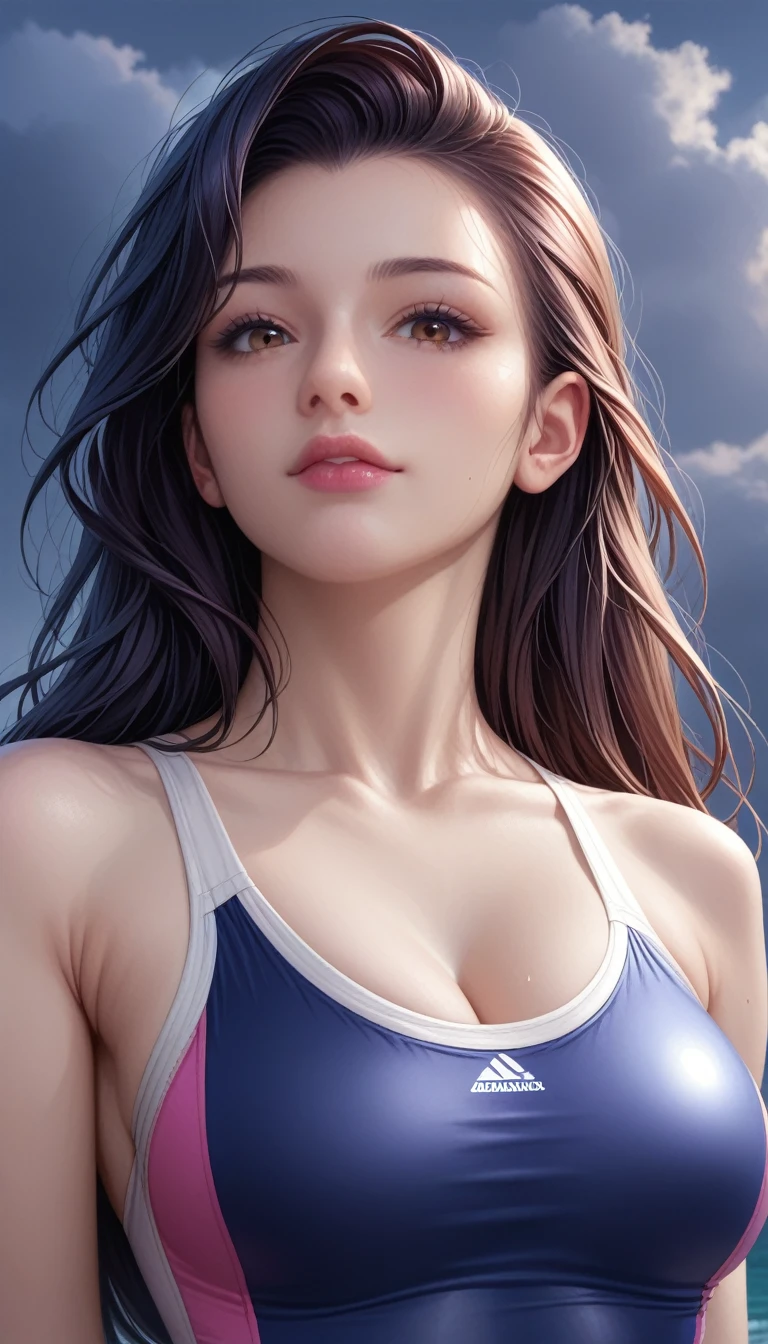 score_9, score_8_superior, score_7_superior, High-resolution CG illustration,A masterpiece in 32K resolution,Highest quality,it is really amazing,Very detailed,Ultra-high resolution,Ultra-realistic,Realistic,Increased depth of field,Cinematic lighting,
Sexy mature Japan woman,
Straight long hair with black hair,Ultra-detailed and beautiful face,Calm and gentle look,Beautiful brown eyes,Translucent white skin,Realistic skin texture,Great proportions,
Sexy high leg swimsuit,
Artistic design,Chic color scheme,Detailed fabric texture,
Dark overcast sky on a dull night,Dark clouds filling the sky,Thundercloud,Coastline at night,Stormy seas,delay々A desolate sandy beach that continues,
Cleavage up,Cinematic Angle,