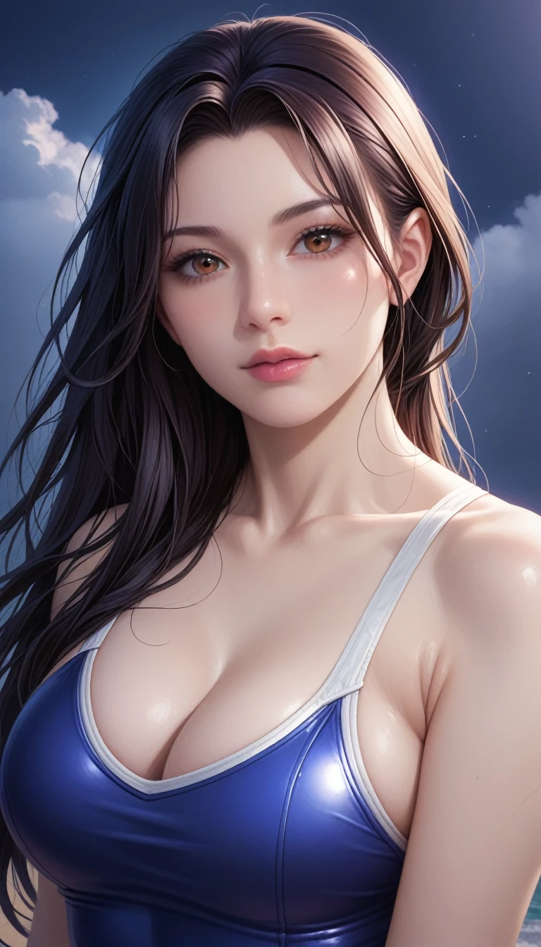 score_9, score_8_superior, score_7_superior, High-resolution CG illustration,A masterpiece in 32K resolution,Highest quality,it is really amazing,Very detailed,Ultra-high resolution,Ultra-realistic,Realistic,Increased depth of field,Cinematic lighting,
Sexy mature Japan woman,
Straight long hair with black hair,Ultra-detailed and beautiful face,Calm and gentle look,Beautiful brown eyes,Translucent white skin,Realistic skin texture,Great proportions,
Sexy high leg swimsuit,
Artistic design,Chic color scheme,Detailed fabric texture,
Dark overcast sky on a dull night,Dark clouds filling the sky,Thundercloud,Coastline at night,Stormy seas,delay々A desolate sandy beach that continues,
Cleavage up,Cinematic Angle,