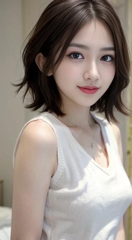 blush a little and smile, (Top quality masterpiece:1.2) Delicate illustrations, Very detailed, /Beautiful Japanese Women、1 person,Very cute and slim、Great style 、((8k images、super high quality))、Very delicate face, Skin and Hair、Big Breasts、beautifule forehead、Red lipstick、(((((short hair、Light brown hair、Lure))))),Very cute Japanese cut face、Eyes and nose are clearly visible、Kind eyes,((((White sleeveless fashion))))