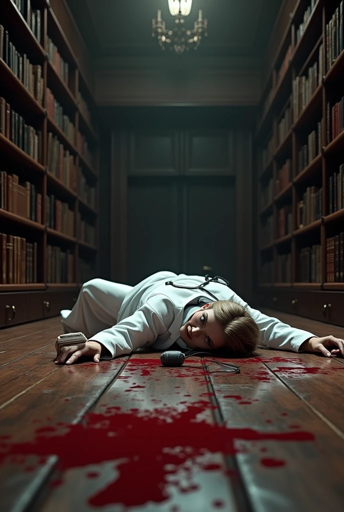 Create a realistic 3D image of a female doctor is lying on the floor and blood stains on the floor inside an library and her specs is broken