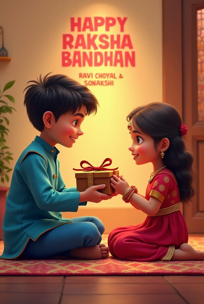 A real   Cute boy and 8 year old giitting face to face on a colorful mat in the home lobby, the boy has extended one of his hands forward, And Girl tying Rakhi on brother's hand. boy is wearing a Blue  colored kurta And the girl is wearing a Red Lahenga, boy has a gift box in his other hand, is smiling, boy has applied tilak on his forehead, and on the wall in bold letters "HAPPY RAKSHA BANDHAN" "ravi Choyal & Sonakshi" It is written, 4k image