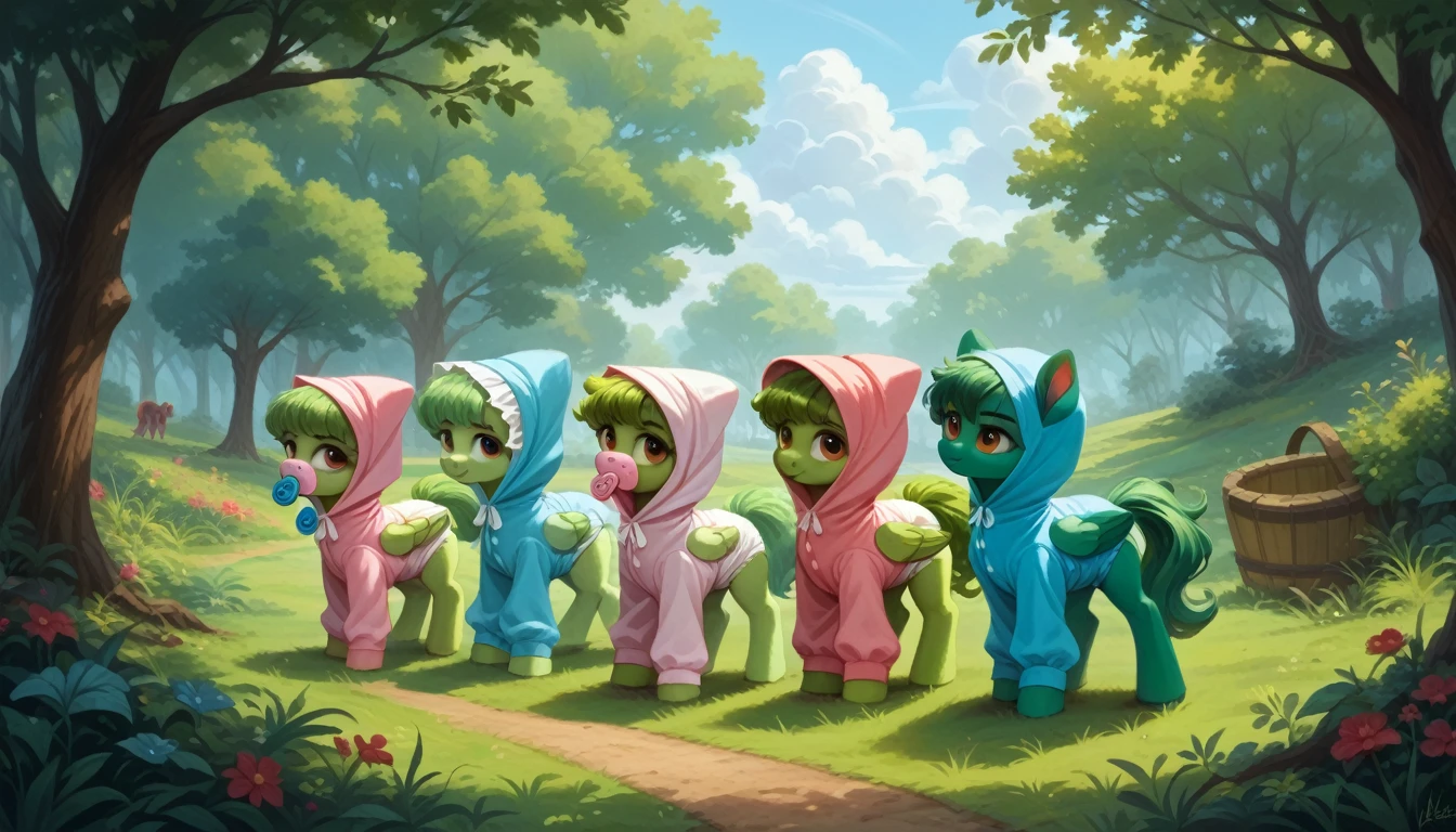 pony, Pegasus, adult filly, emerald green fur, a lush mane, gathered in a bonnet, a fluffy tail with a bow, stands on four hooves, rear hooves spread wide apart, dressed in a onesie and booties, pacifier in mouth, solo, thick diaper under clothes.
