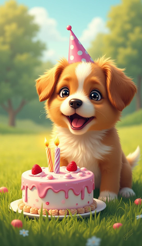 Masterpiece, best composition, puppy laughing, on grass, birthday cake for dog on small table, cute, soothing. Beautiful details and colors.