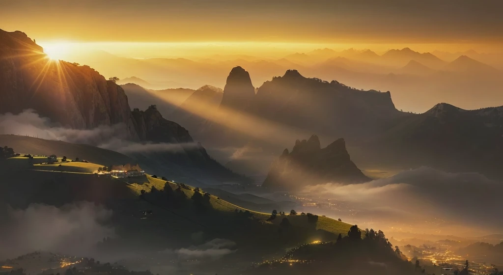 Giraffes on the mountain，Foggy，Sunlight, Dramatic cinematic lighting in the morning, Golden Morning Light, Sunset in the valley, dramatic morning light, early morning的阳光, author Franz Hegi, Some rays of light, A small amount of sunlight, author：Carl Hofer, early morning, Dramatic light at sunrise, sunrise light, author：Francesco Rebòlini, author Giuseppe Tominz