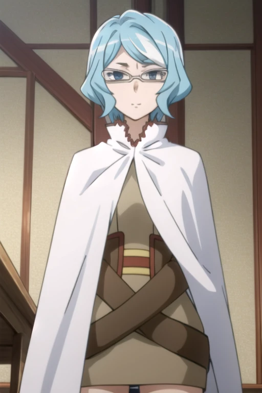 tall body, tall, long legs, mature female, mature, adult, eft_danmachi_blue, glasses, 1girl, female focus, solo, upper body, looking at viewer, blue hair, blue eyes, grey hair, parody, short hair, white cape, closed mouth, expressionless, anime coloring, smile, from below