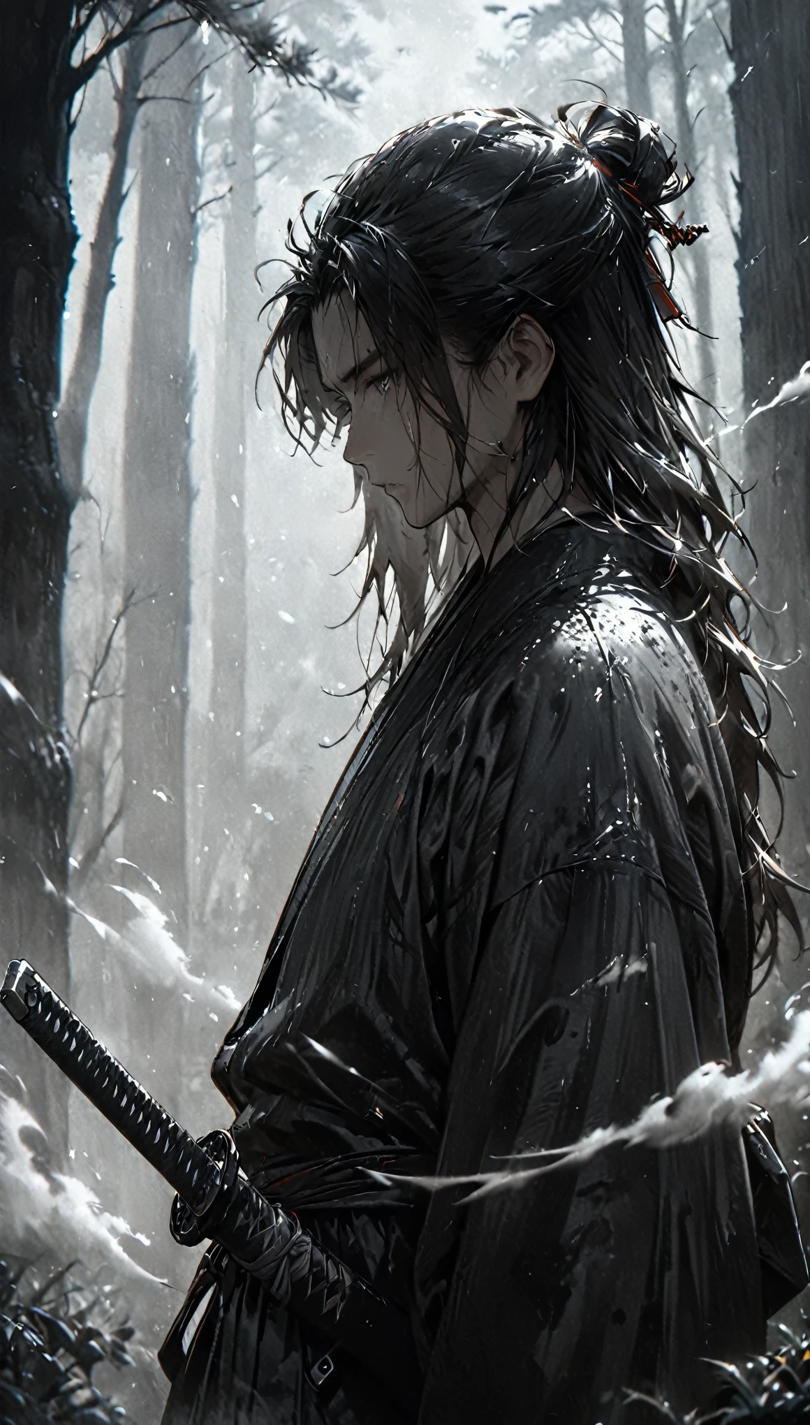 portrait, 1boy, solo, long hair, Japanese clothing, black clothing, samurai, wearing hakama, (holding weapon, katana), plain tree, sheath, shadow, ink painting, simple background, ((white fog, windy)), (masterpiece:1.2), (best quality), super detailed, [cowboy shot], from side, DeepNegative_xl_v1