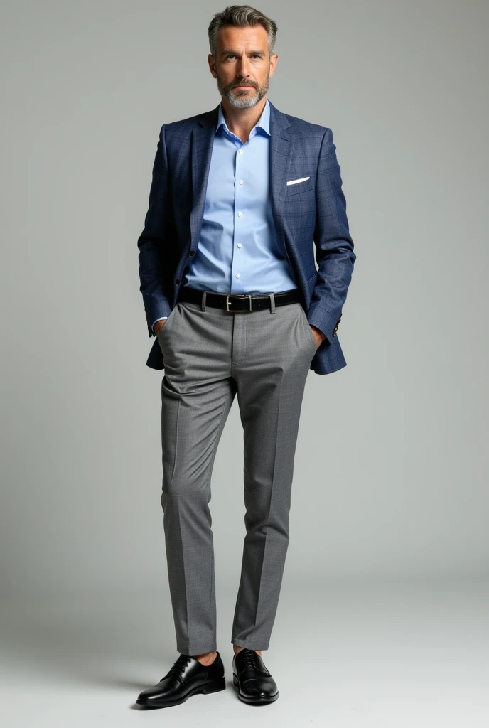 Generate an image,where a man wearing a light blue solid shirt and grey check pant and blue check blazer and black belt and black shoes
