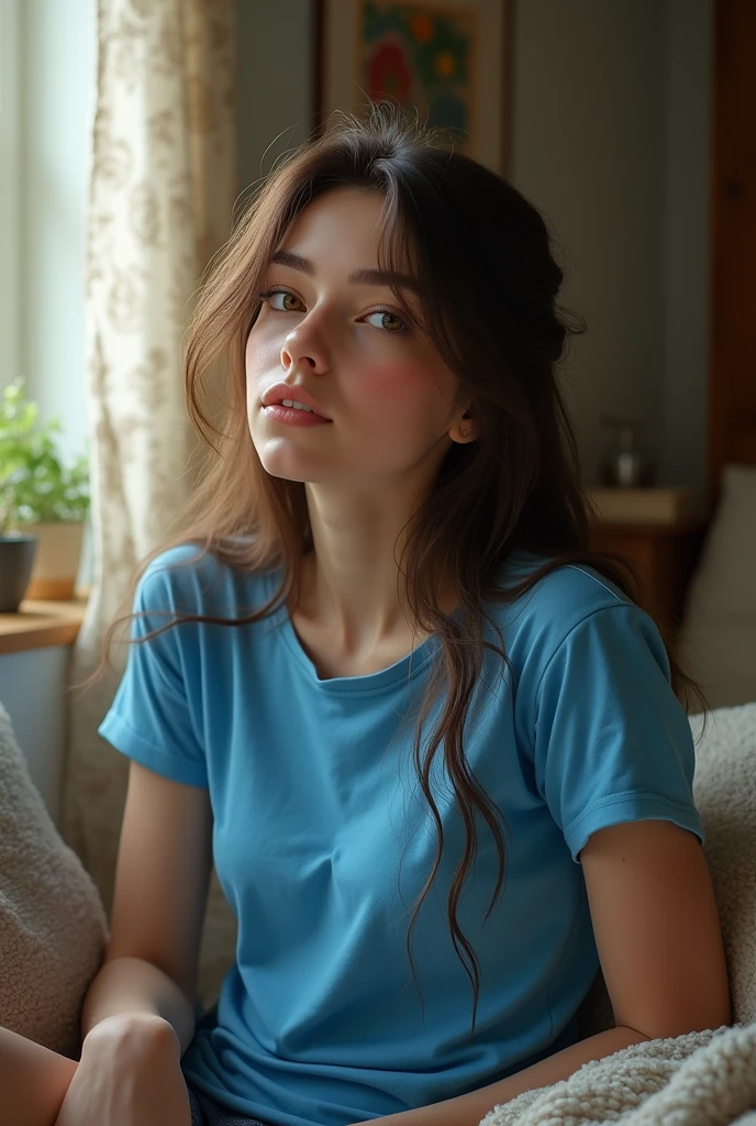 A beutiful girl blue t shirt long  hair at home 