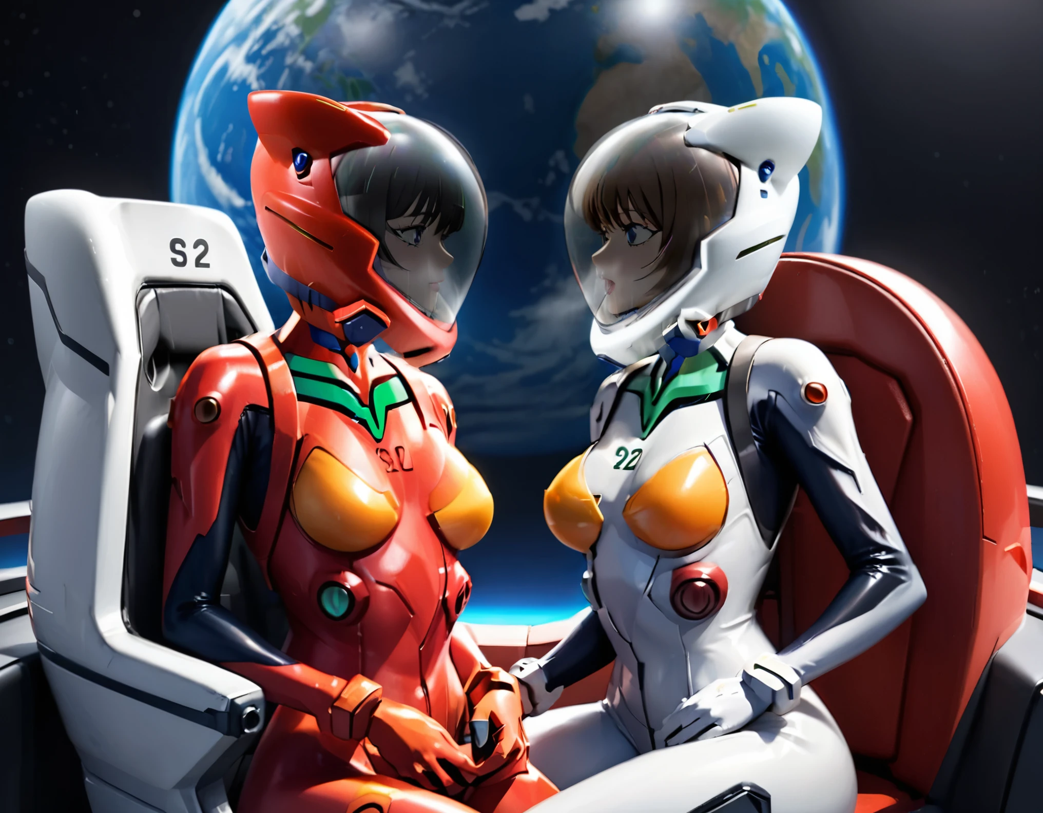 red bodysuit, red plugsuit,evangelion,\ helmet, space helmet ,red bodysuit) brown hair, a pair of girls, very short hair, black hair, breast press, symmetrical docking, short hair, eye contact, looking at others, , upper body, face to face, ,(blushing), saliva, saliva trail, heavy breathing, sweat, woman , juice, completely , navel, buttocks, sitting, room, cocpit blushing, sweat, eye contact, space helmet, cockpit of a (futuristic spaceship:1.1), sitting in the captains chair, (intricate control panels:1.3), (gleaming metal:1.1), eva helm, from above, pink hair, , space helmet,wearing a (spacesuit:1.15), white cargo pants, hovering, flying, moon surface, earth, floating pose, happy, smilebeautiful 8k wallpaper, highly advanced, (sleek design:1.3), intricate, highres, superb, 8k wallpaper, extremely detailed, intricate,(, cat ears, , , red helmet,  