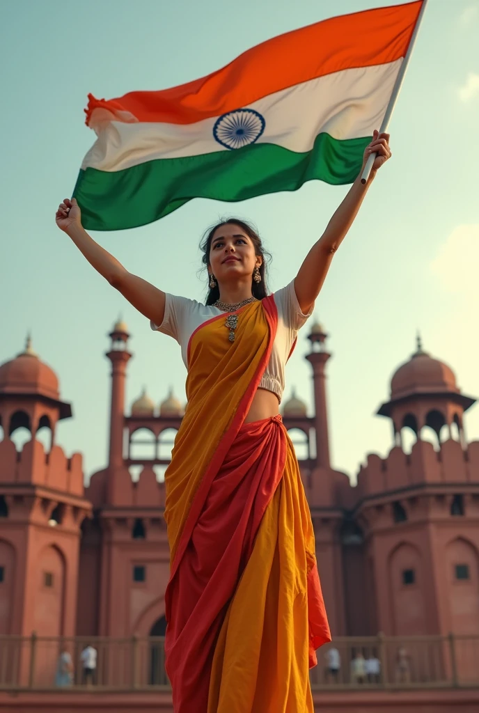 A woman holding the Indian flag proudly in one hand, standing in front of the Red Fort. On the side, the name 'Anam' is written in large, transparent letters, creating a patriotic and vibrant 3D scene ultra realistic photography hd 32K