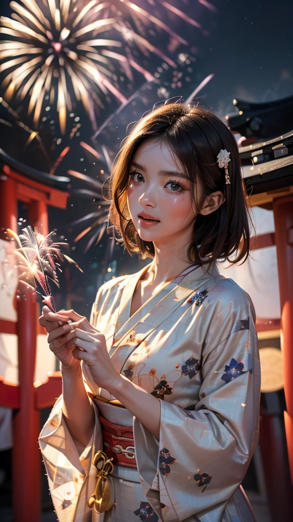 (((HD photo))), ultra high res.photorealistic:. 1.4, UHD, masterpiece, trending on artstation, portrait, (1woman, 27yo) , pretty, cute face, most beautiful in the world, soft, delicate, (brown hair, short bob cut), cute breasts, (wearing detailed very elegant printed Yukata ), (Japanese traditional summer festival :1.4, fireworks:1.1, night:2), examination, (walking with attractive facial expression at camera ) , bare your facial expression ), (beautiful romantic night ),((shoot from front))
