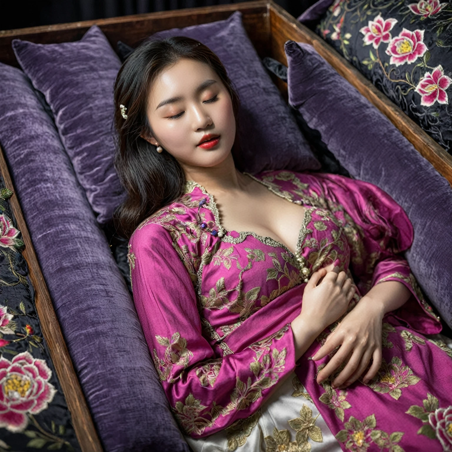 In a striking 8K HDR scene, a stunning Korean woman, 22 years old, lies peacefully in a black coffin surrounded by plush pillows. The deep box is set against a rich black background, accentuating the beauty of the subject. Her exquisite cheongsam attire is embroidered with superb detail, showcasing her beautiful eyebrows. Her closed eyes and mouth give an air of serenity, while her visible and absolute cleavage leave nothing to imagination. The scene is bathed in saturated colors, highlighting every intricate aspect from the ball skirt to her clean face, straight body, detailed hand perfect hands, straight body, own hands together, own hand on stomach, detailed hands, perfect hands, big pregnant belly, pregnant 40 weeks, huge breasts.