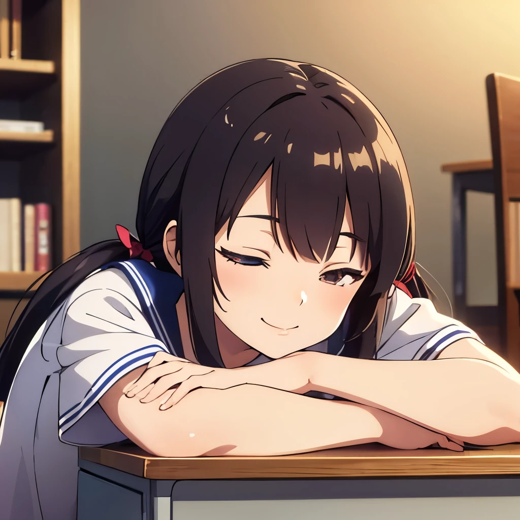 1girl, 16yo, (sitting),
(leaning forward, bend over:1.2), head tilt,
(lie face-down on desk:1.6),
(arms down:1.4), arms on the desk, hands on the desk, hands in front, arms in front,
dynamic,
(closed eyes), happy smile,
indoors, (electric fan), desk, chair, library, 
comfortable temperature, (black hair, very long hair), (low twintails:1.2), low pigtails, red hair ribbon,
navy-blue collar, white serafuku with blue ribbon, navy-blue skirt,
(dark brown eye), upper body,
afternoon, summer,
from front, (from above:0.5),
high brightness, detailed face, detailed eyes,
(high quality, ultra detailed, masterpiece, super detail, highres, anatomically correct, UHD),
Japanese anime style, extremely cute, good hands, good fingers