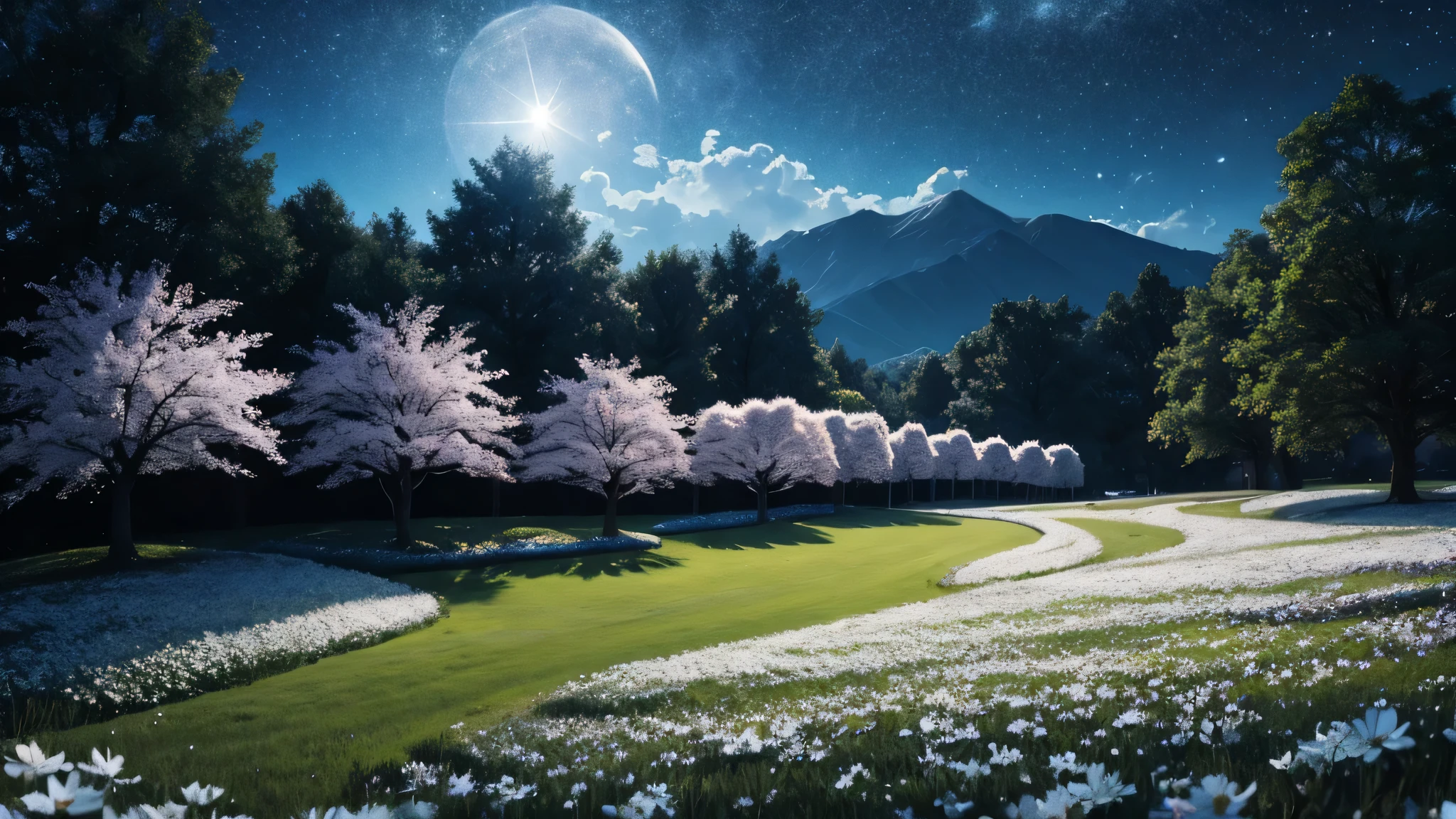 The sky is a deep blue, star-studded night sky,A garden of white, luminous flowers,The grassy ground within is carpeted with white, glowing blossoms.,bathed in starlight, appears serene and mysterious,The atmosphere is tranquil,high quality,masterpiece,Lots of details,8k,Amazing