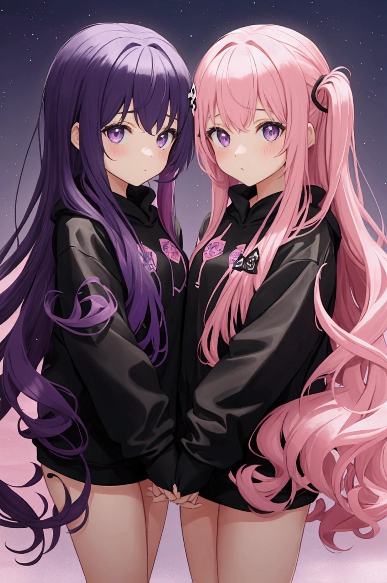 twin girls, one pink and one purple with long hair, all wearing black hoodies