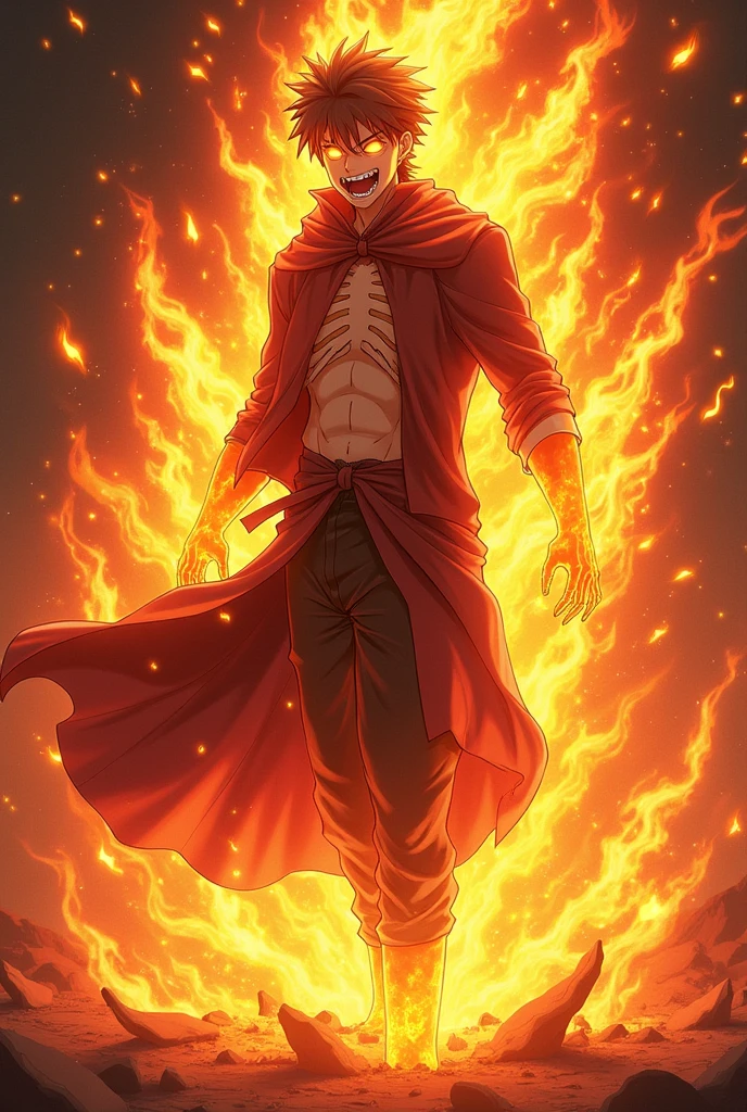 8 K, perfect quality, full of details, anime mangas, Young male, 20 ans, Rage mode, fighting, transforms into a skeleton, titanic flame that covers his body, eyes filled with rage, torn habit,CRIE.