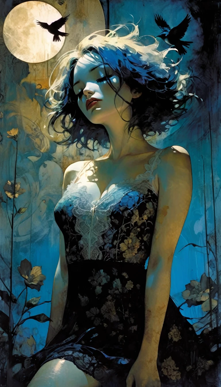 sexy queen, sitting on her throne, among flowers, carrying a wooden pole in one hand, we see through the moonlit night window, great landscape (art inspired by Bill Sienkiewicz, intricate details, oil painting)