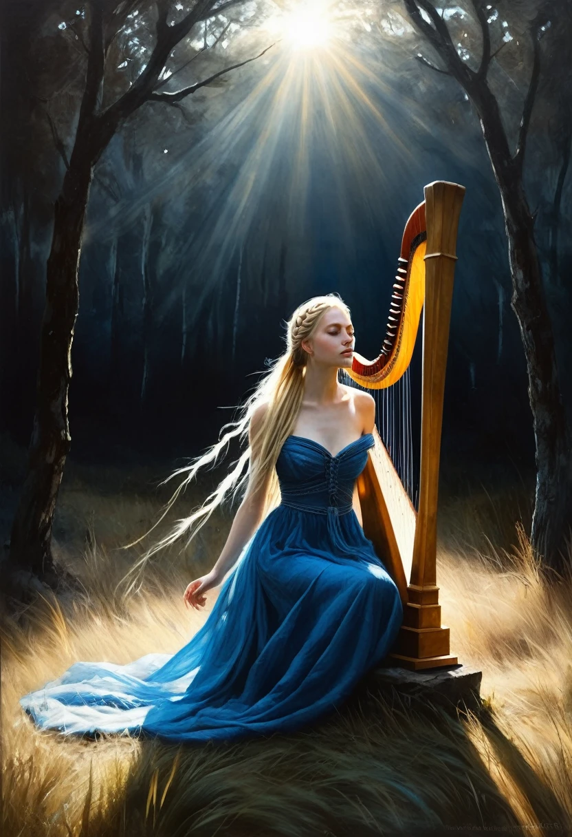 painting of a blonde girl with long hair braided into a long braid, sitting on the grass, playing a large harp, dark gloomy black dry forest around, warm sun rays falling on the girl's face, very white skin, simple thin blue dress, dark atmosphere, cinematic scene, volumetric lights, ultra realistic, in the style of nicola samori