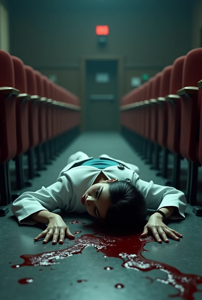 Create a realistic 3D image of dead body of a female doctor is lying on the floor and blood stains on the floor inside an auditorium and her specs is broken