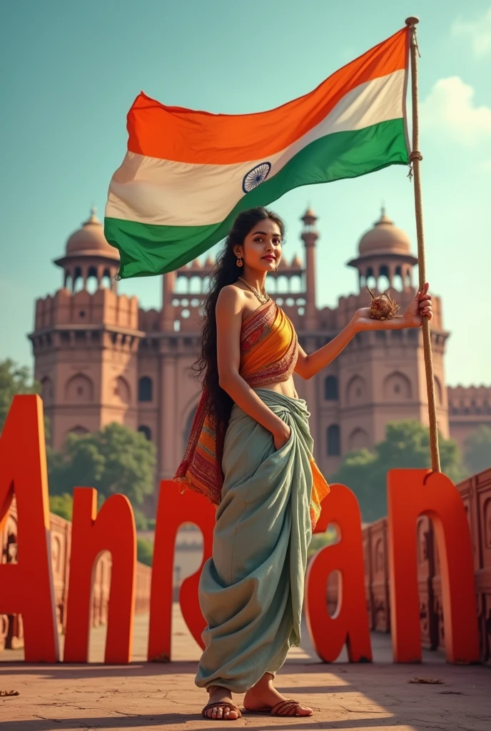 A woman holding the Indian flag proudly in one hand, standing in front of the Red Fort. On the side, the name 'Anam' is written in large, transparent letters, creating a patriotic and vibrant 3D scene ultra realistic photography hd 32K 