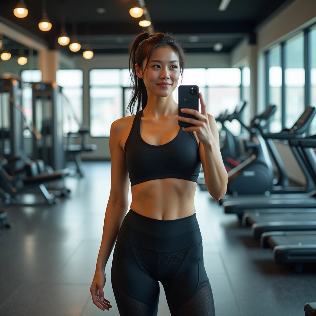 In front of the mirrored walls of a gym filled with state-of-the-art equipment、A fair-skinned Japanese woman wearing skin-tight training clothes is taking a selfie。