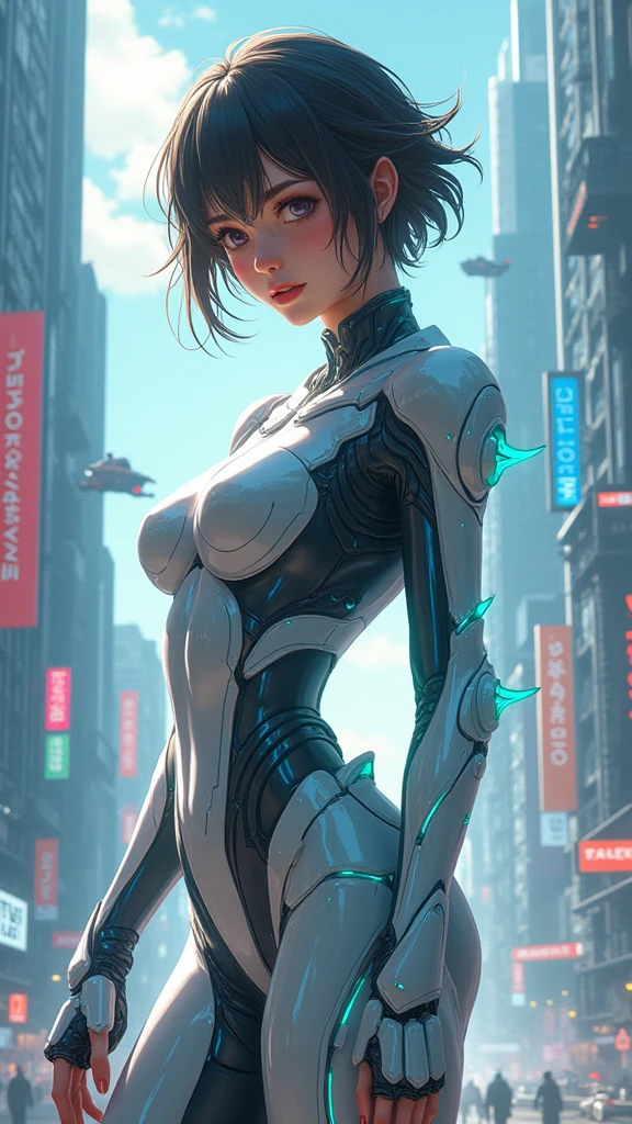 A woman in a futuristic suit poses in the city, cute Robot Girl, Robot Girl, Beautiful boy, Cyberpunk动漫女孩机甲, Perfect robot woman, Perfect anime robot woman, Female robot, Cyberpunk美少性Cyberpunk动漫女孩, Girl in mecha network armor, Cyberpunk, Cyberpunk, Cyberpunkic elvish queen