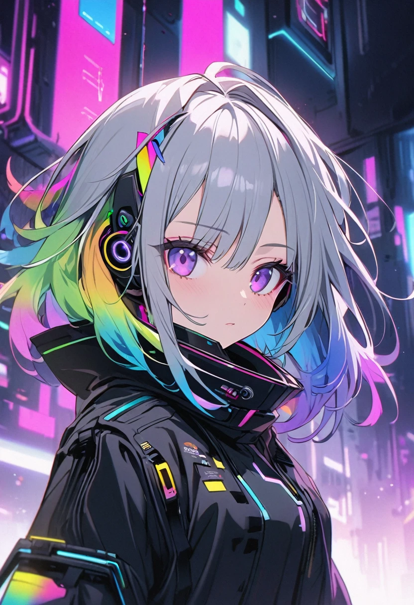 good looking, alone, 1 female, Medium Hair, Gray Hair, Rainbow Hair, Purple eyes, Black clothes, Futuristic, cyber punk, Cybernetic, neon, Scientist,Middle school students、front
