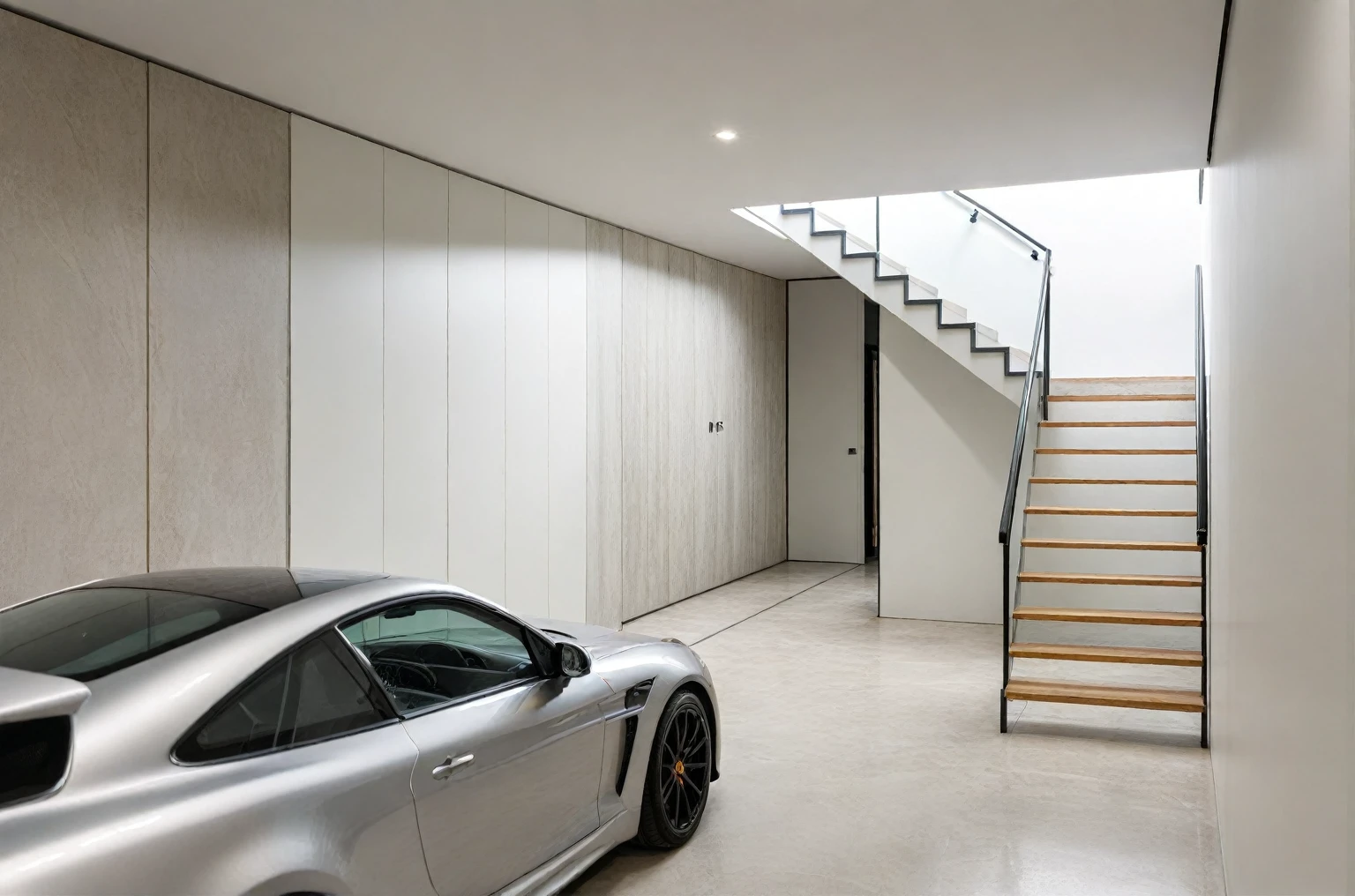 ((masterpiece,best quality,highres,sharp forcus)) (((detail forcus))) , ( GARAGE AND LIVING :1.3 ), modern style, daylight, ((WHITE wall : 1.3 )) plaster ceiling, bright, oak , daylight , warm tone , bright color, pendant light, marble tile floor, TIVI, (CAR : 1.5), STAIR WITH GLASS RAILING, MARBLE WALL