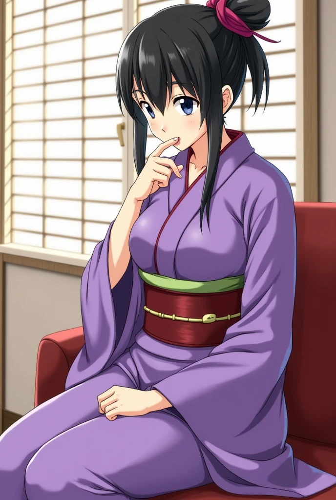 Window, sitting at attention,sitting on couch, purple_kimono,sash, shouji, shrine,japanese_clothes, black_hair,Hair_bun,lipstick, 1 girl, Manga,30yo,mature female,Beautiful Finger,Beautiful long leGS, MATURE WOMAN, SEXY,THICK, BLUE EYES,Explicitly sucking on a dick
