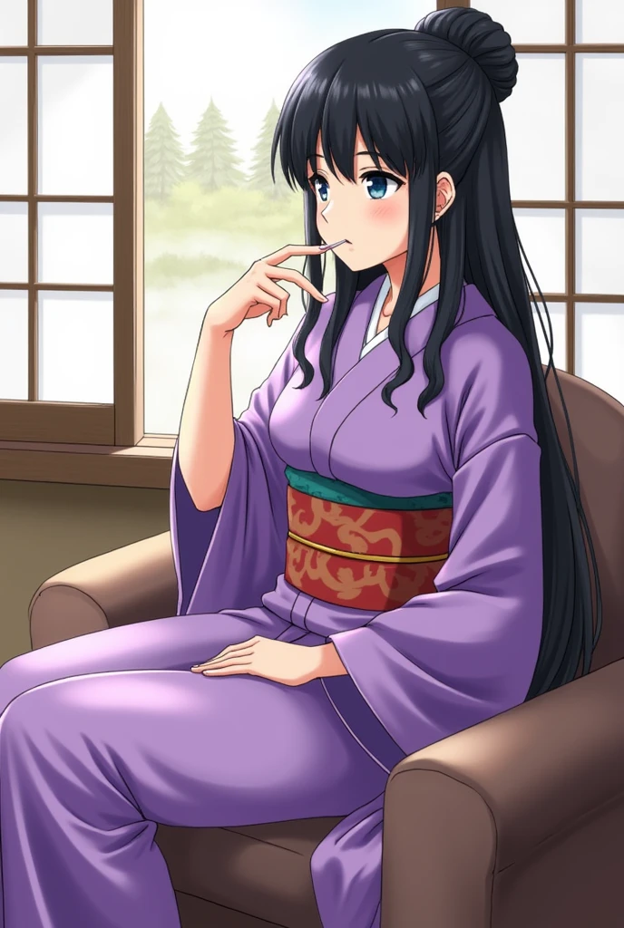 Window, sitting at attention,sitting on couch, purple_kimono,sash, shouji, shrine,japanese_clothes, black_hair,Hair_bun,lipstick, 1 girl, Manga,30yo,mature female,Beautiful Finger,Beautiful long leGS, MATURE WOMAN, SEXY,THICK, BLUE EYES,Explicitly sucking on a dick