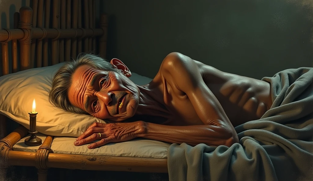 Candlelight, in the style of tomer hanuka, joram roukes, emotionally charged portraits, smilecore, rustic futurism, henrietta harris, darkly comedic, rough painting, sad, slim, ill Vietnameses old man lying on bamboo bed illustration, 1 set of gold teeth