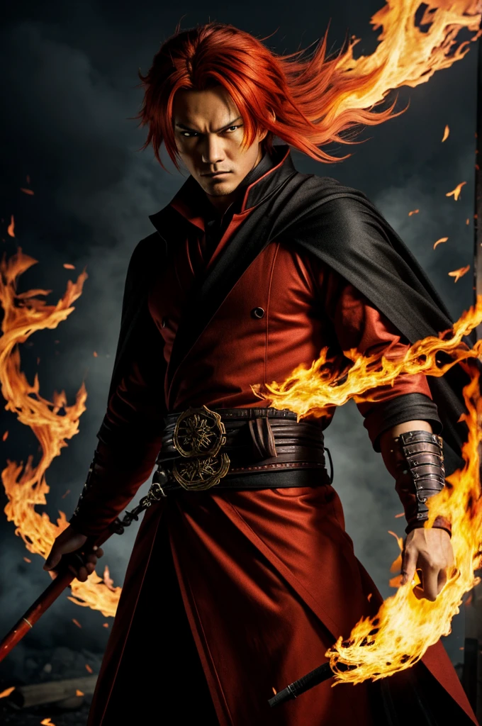 Kazuhiko has wild, fiery red hair that matches the intense flames he controls. His eyes are a striking amber, with a sharp, intense gaze that reflects his burning determination and inner rage. He wears a modified Shinigami uniform, mostly black with red accents, including a red sash and a long, tattered black cloak with a fiery, ethereal glow at the edges, reminiscent of flames.