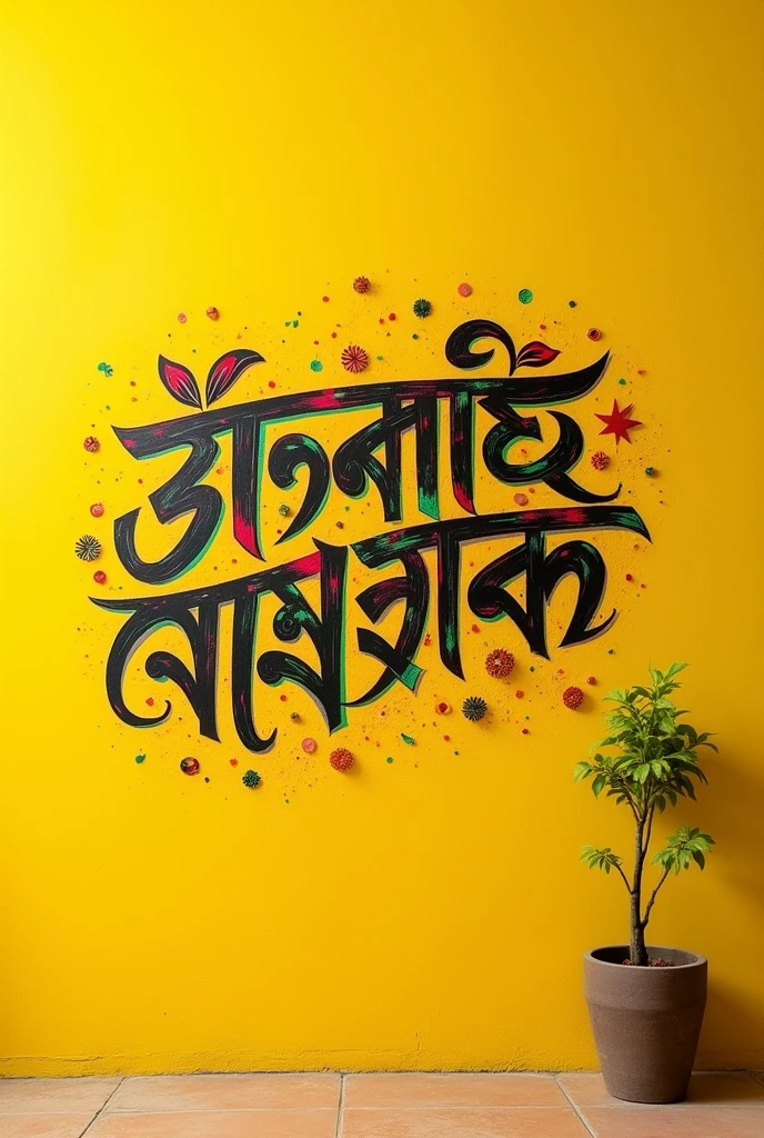 Graphite art yellow wall. Rajshahi local language bengeli calligraphy. Font bangla. Multuple colour of text (Red, Black, green).