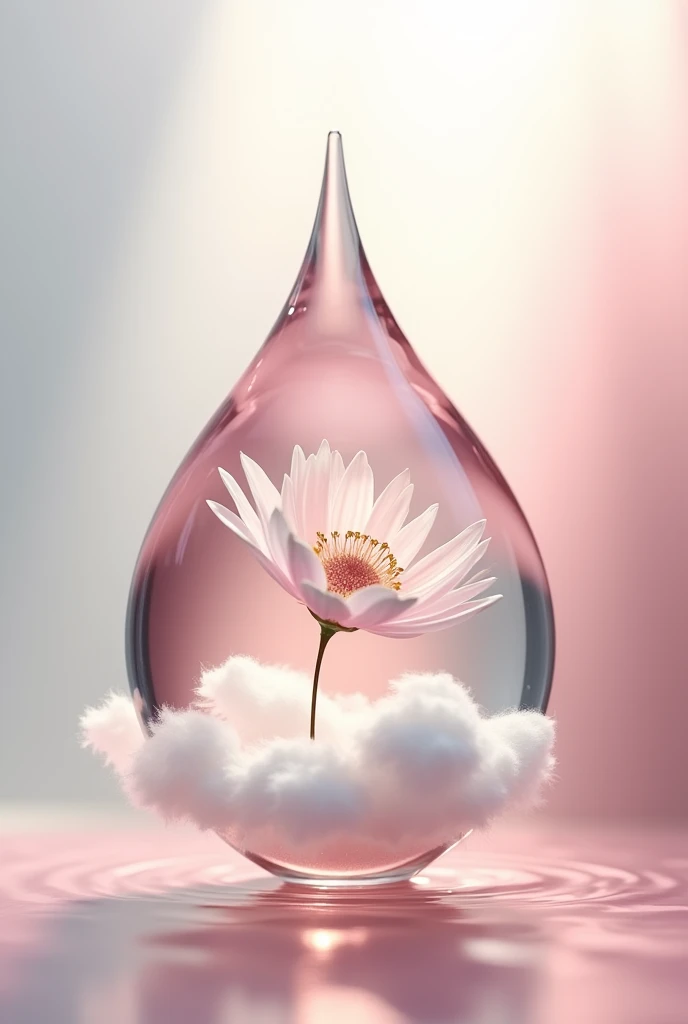 Create a detailed and surreal image of a single oil drop suspended in the air. Inside the drop, depict a delicate small flower with open petals, symbolizing purity and renewal. Ao redor da flor, capture the softness of an ethereal white cloud, partially enveloping the flower, creating a contrast between the solidity of the oil and the lightness of the cloud. The background should be a soft gradient, transitioning through shades of pink, white and pearl, suggesting the fusion between natural and ethereal elements. The scene should evoke a sense of harmony and balance, with the oil drop gently gleaming, as if capturing the essence of nature in a single moment.