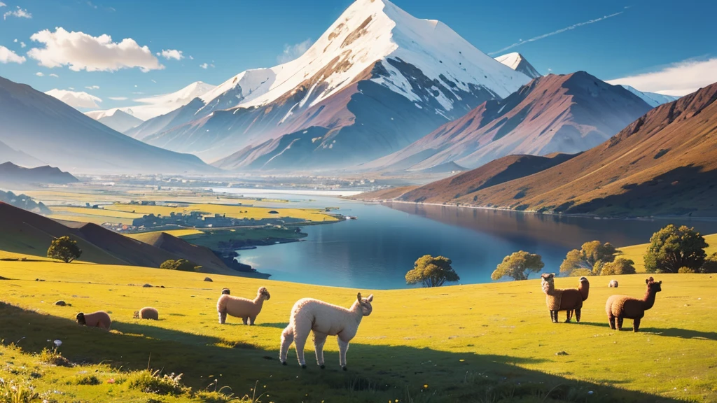 Create a landscape of the Andes with an alpaca in the middle