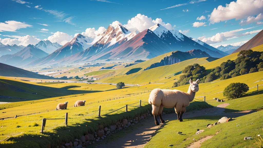 Create a landscape of the Andes with an alpaca in the middle