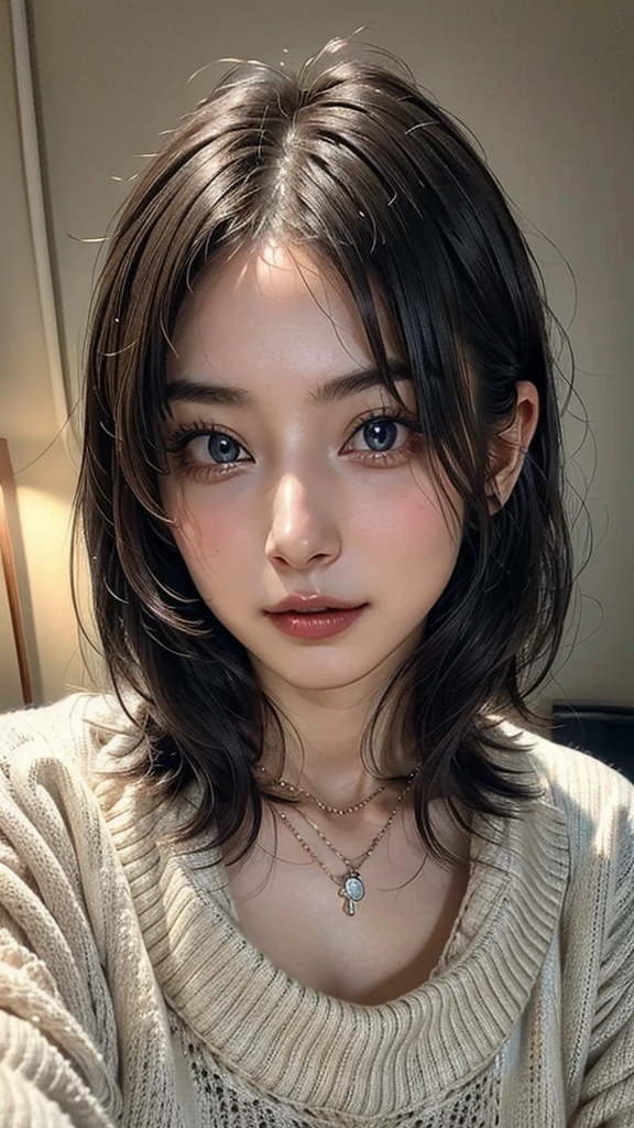 ((Beautiful Face:1.4)), (Purelos Face_v1: 1.0), (Highest quality, 8k, 32K, masterpiece, Ultra-high resolution:1.2),Beautiful Japanese Women Photos, Large Breasts, Very short bob hair,Upper Body,(Extra Large_sweater,:1.1) necklace, Simple Background, Look around,