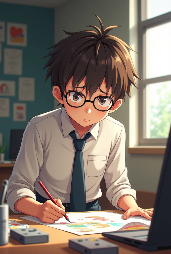 Hair: Short, dark brown hair, slightly messy and falling over his forehead.Eyes: Wears glasses, giving him a studious, nerdy look.Facial expression: Often has a flustered or nervous expression.Build: Slender and average, with no particularly athletic features.Clothing: Typically wears a white shirt : a white shirt, dark trousers, and a tie. Doing artwork ahigh skool boy anime,2d