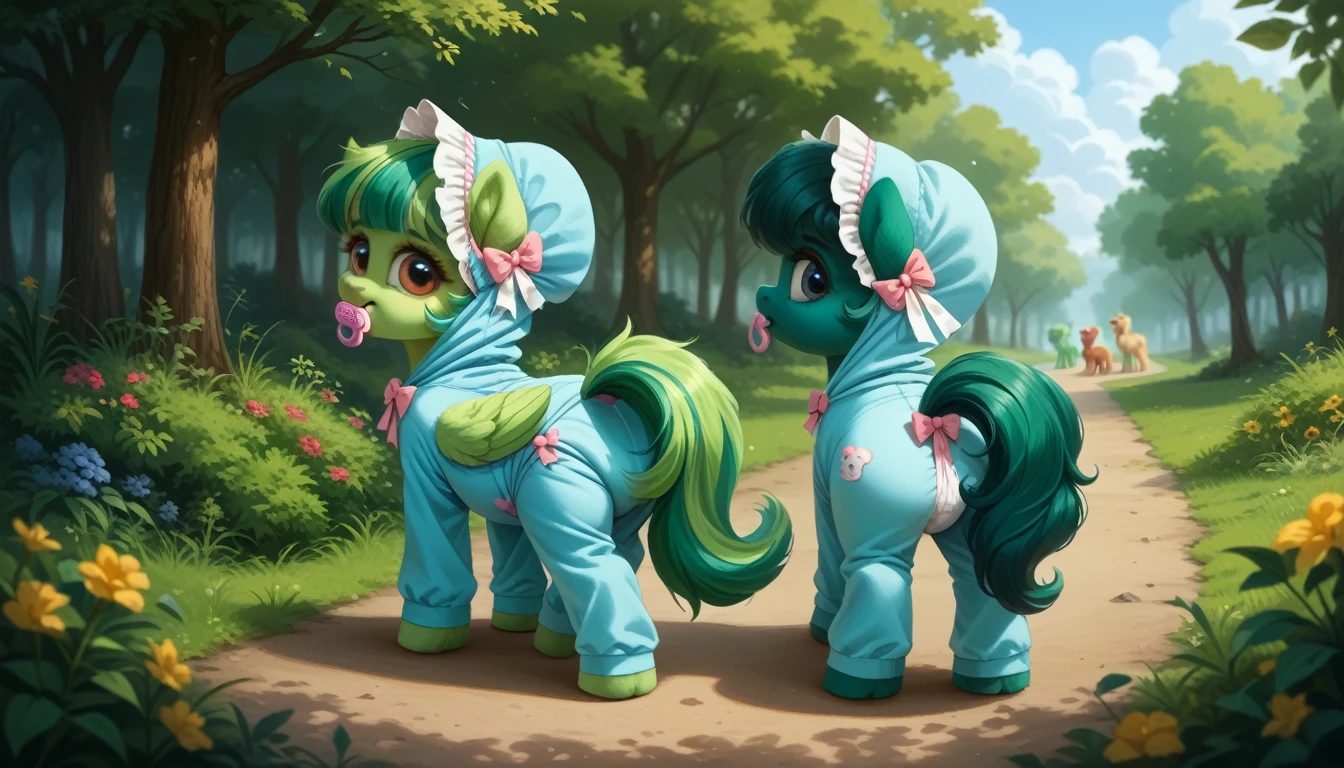 pony, Pegasus, adult filly, emerald green fur, a lush mane, gathered in a bonnet, a fluffy tail with a bow, stands on four hooves, rear hooves spread wide apart, dressed in a onesie and booties, pacifier in mouth, solo, thick diaper under clothes.