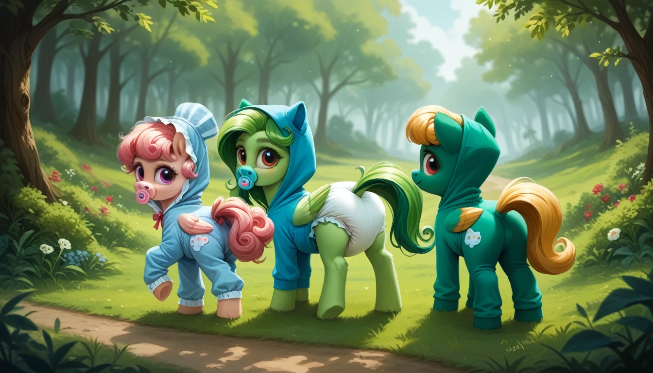 pony, Pegasus, adult filly, emerald green fur, a lush mane, gathered in a bonnet, a fluffy tail with a bow, stands on four hooves, rear hooves spread wide apart, dressed in a onesie and booties, pacifier in mouth, solo, thick diaper under clothes.