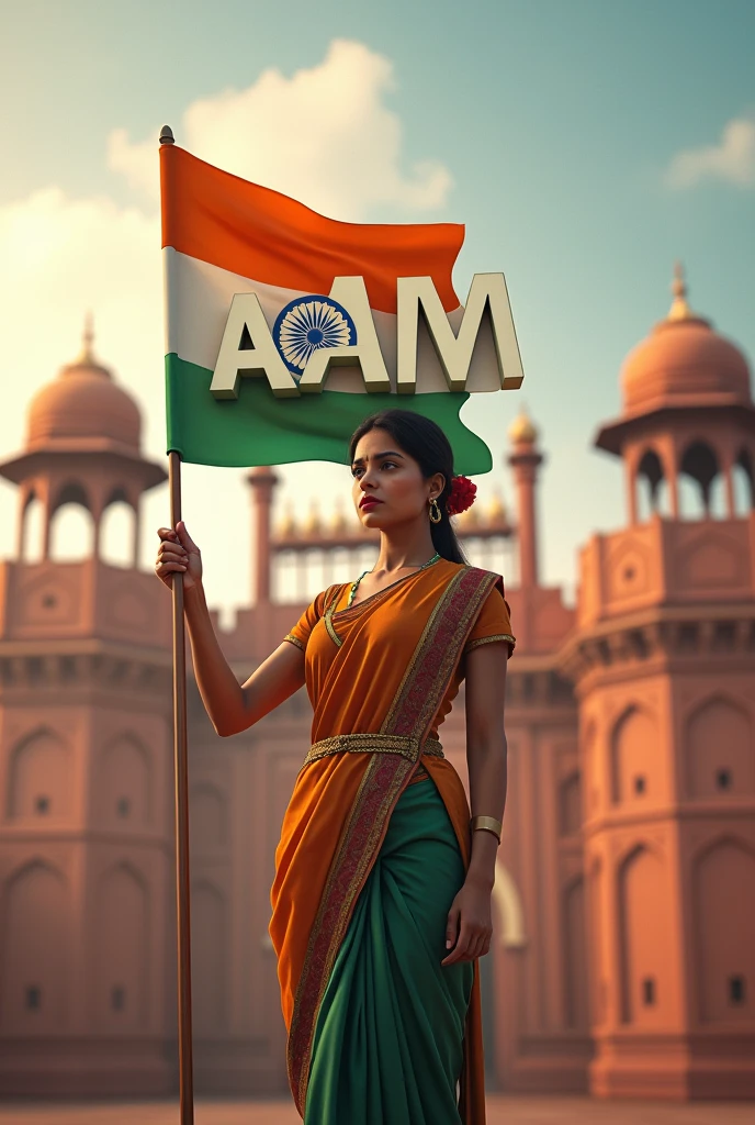 A woman holding the Indian flag proudly in one hand, standing in front of the Red Fort. On the side, the name 'Anam' is written in large, transparent letters, creating a patriotic and vibrant 3D scene ultra realistic photography hd 32K