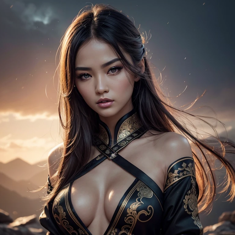 Sumi-e, traditional Chinese braising art, beautiful Korean goddess, not in the style of Luis Royo, not in the style of Victoria Frances, trending on artstation, watercolor, ((First job)), ((better quality)), extremely detailed 8K CG wallpapers, bright colors, dramatic light, dynamic English, beautiful hair, impressive, Windy, high detail, (very detailed eyes), (very detailed facial features), slender body, Toned body, perfect face, Slim athletic body, (cheeky small breasts: 0. 75), (Cold attitude, Shadow, Eyeliner: 1. 6), retro pattern, hyperrealistic, amazing little detail, rich colors, realistic texture, vignette, capricious, Dark, epic, Beautiful, magic