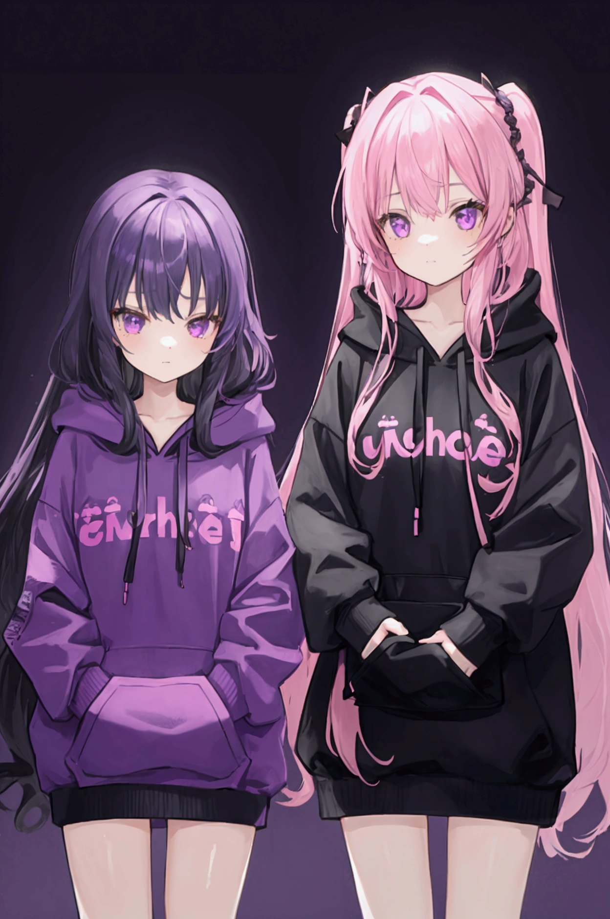 twin girls, one pink and one purple with long hair, all wearing black hoodies