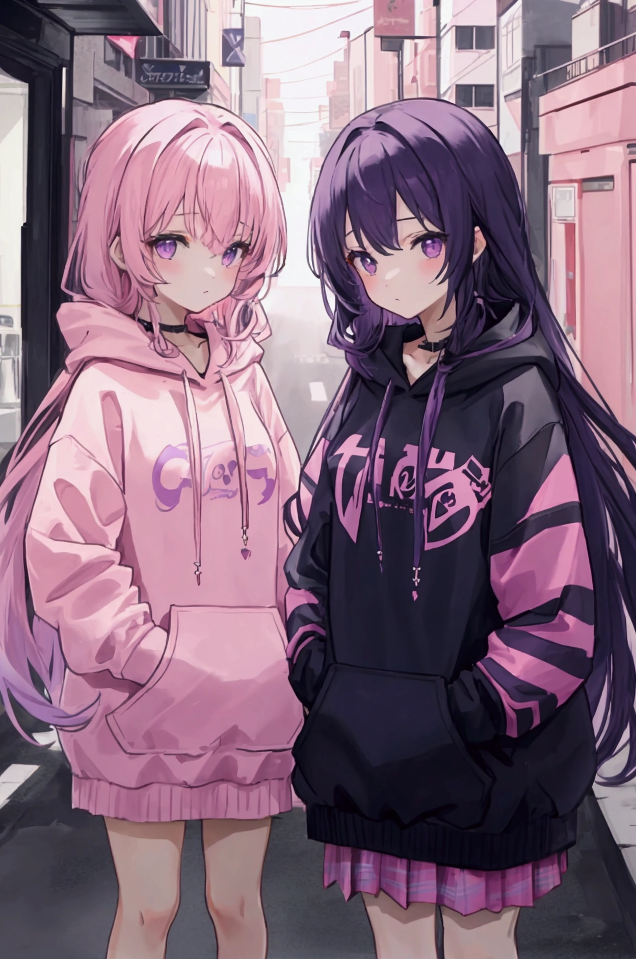 twin girls, one pink and one purple with long hair, all wearing black hoodies