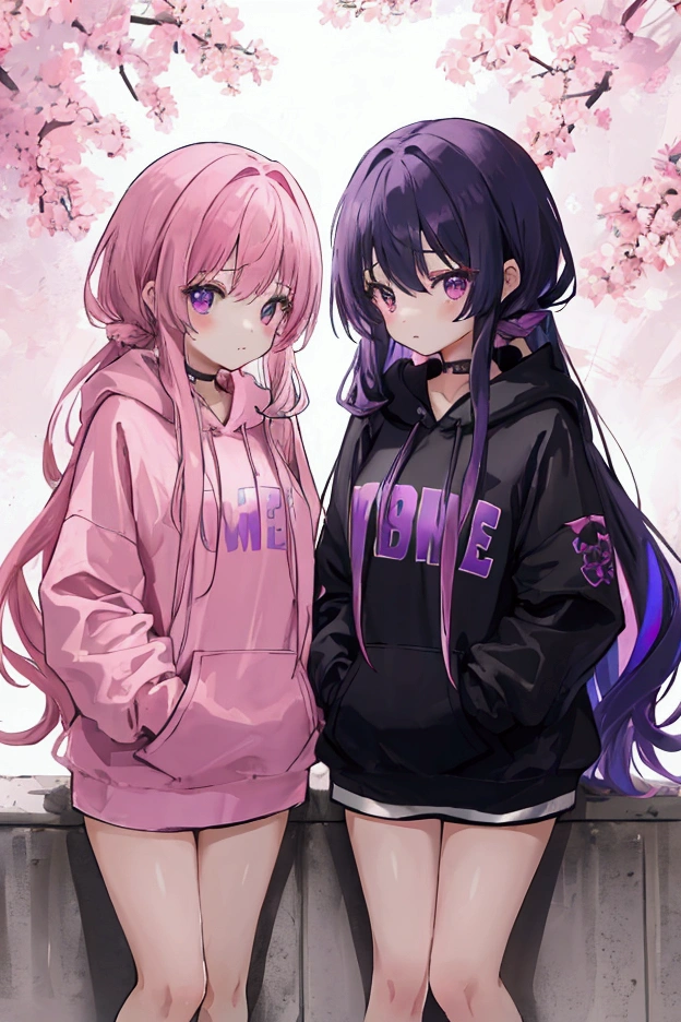 twin girls, one pink and one purple with long hair, all wearing black hoodies