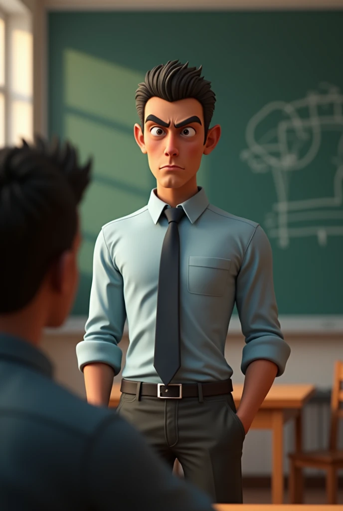 A 3D  male teacher see your student with the gentleman expression without smiling 
